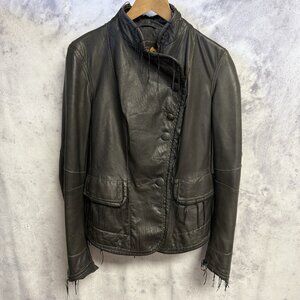 Burns 1876 Womens Leather Jacket Black Fringe Western Biker Button 18.5x25